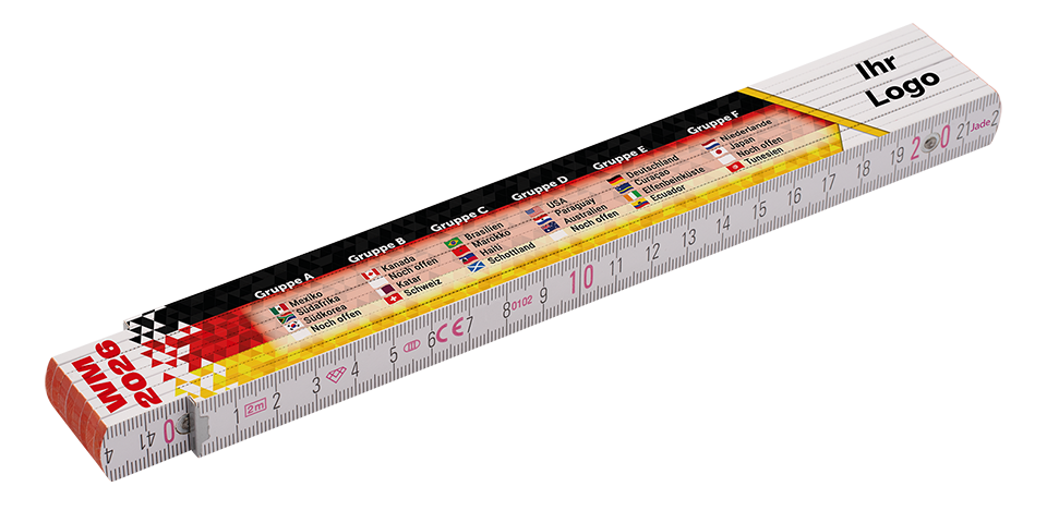 Klappmeter mit Fußball-WM 2026 Gruppenübersicht, Deutschlandflaggenfarben und Platz für ein individuelles Logo.