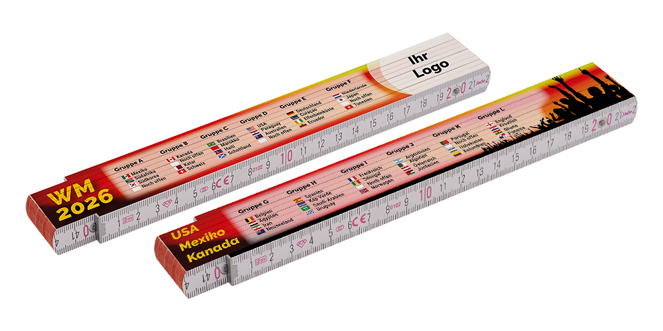 Zweier-Set Metermaßstäbe mit WM 2026 Gruppenübersicht, Länderflaggen und Bereich für Logo oben.